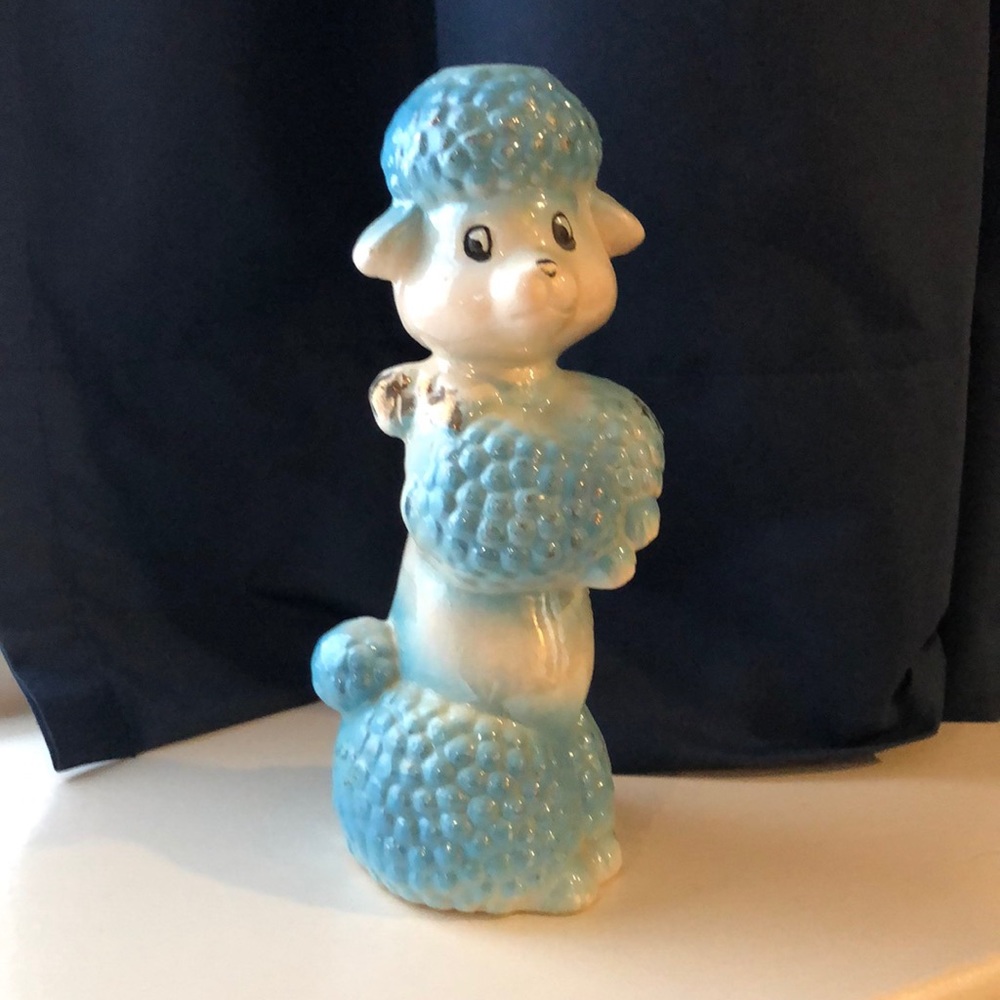 Ceramic Poodle Figurine Blue and Gold Accents